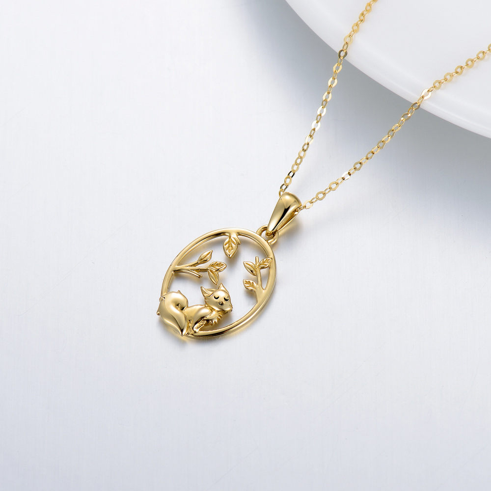 10K Gold Cat & Leaves Pendant Necklace-4