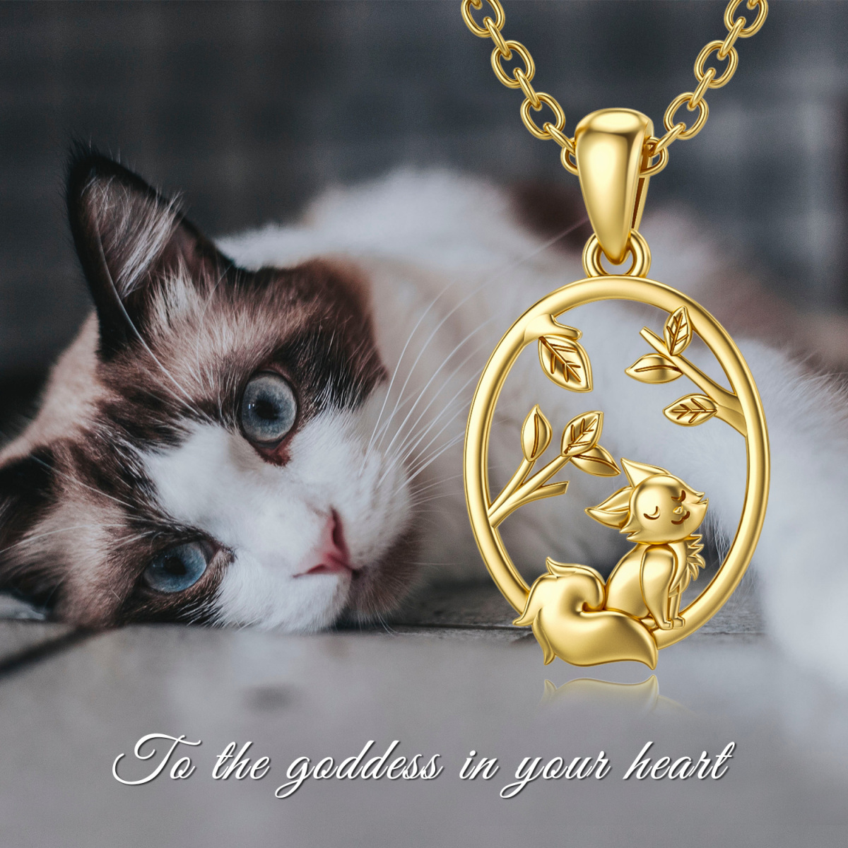 10K Gold Cat & Leaves Pendant Necklace-5