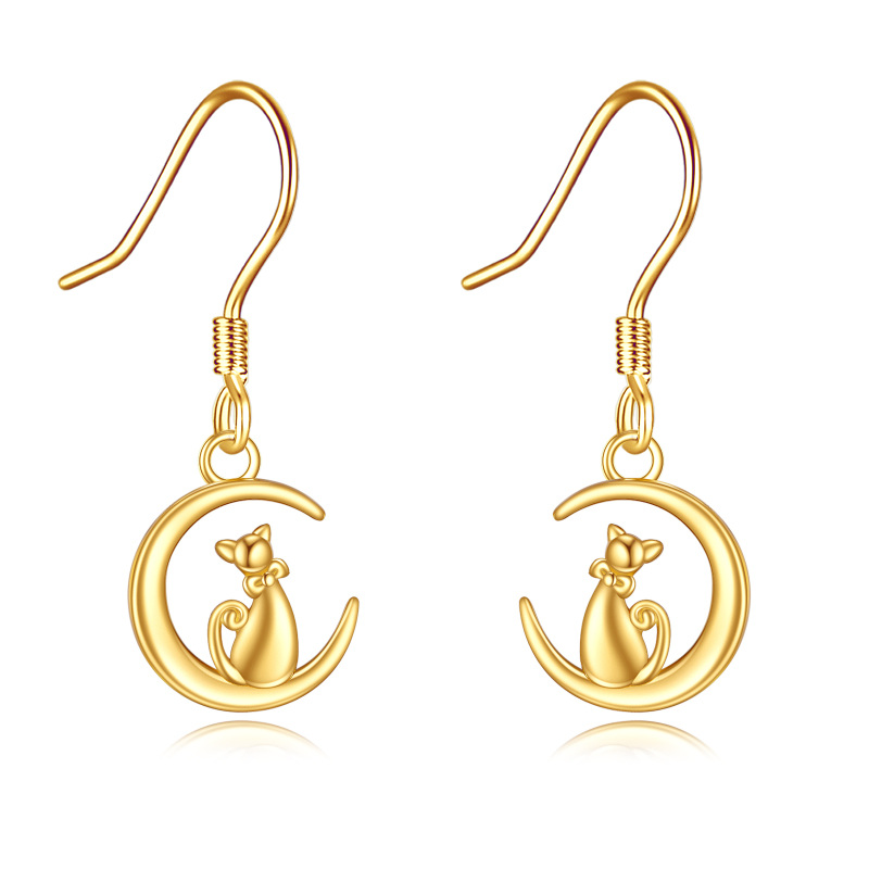 10K Gold Cat & Moon Drop Earrings-19