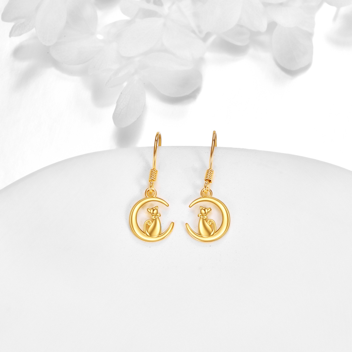 14K Gold Cat & Moon Drop Earrings-3