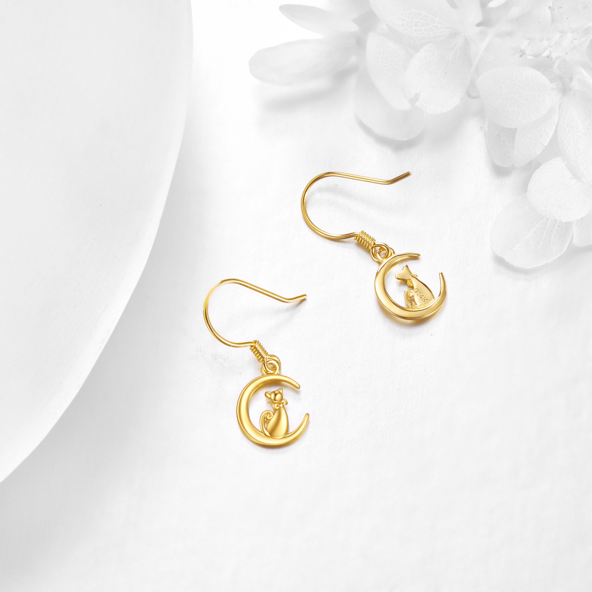 14K Gold Cat & Moon Drop Earrings-4