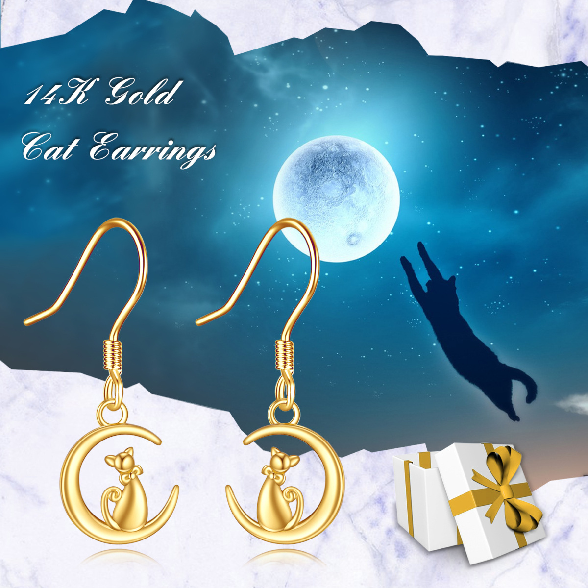 Boucles d'oreilles pendantes chat lune en or 14 carats-6