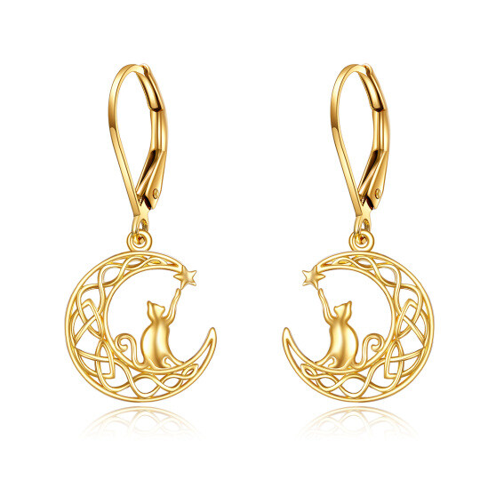 Boucles d'oreilles pendantes chat et lune en or 14K