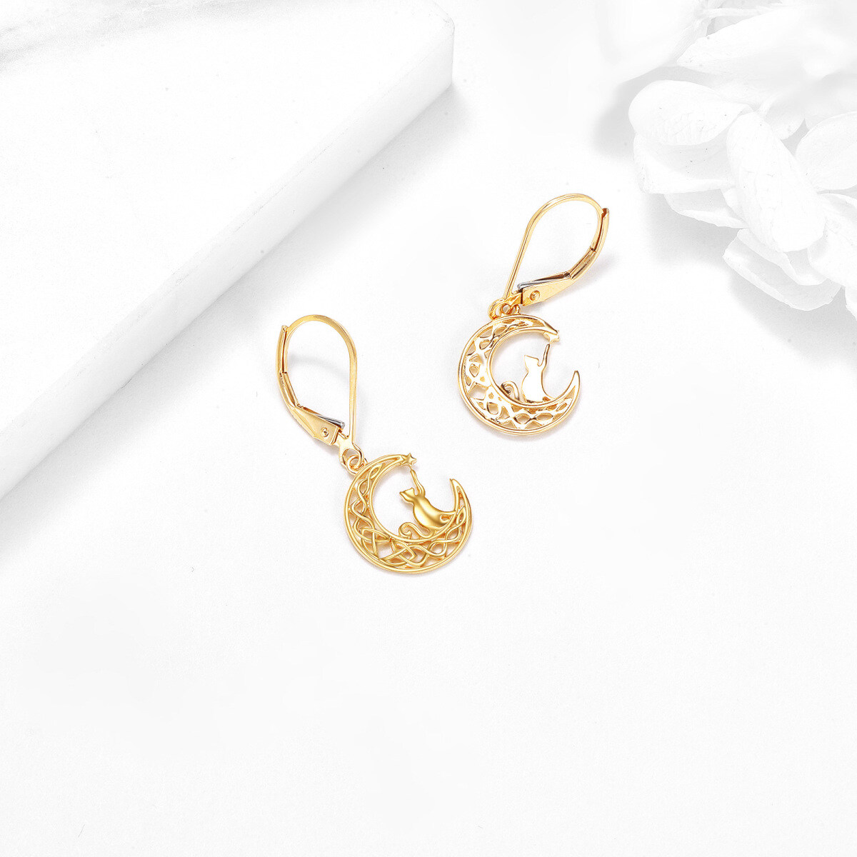 10K Gold Cat & Moon Drop Earrings-3