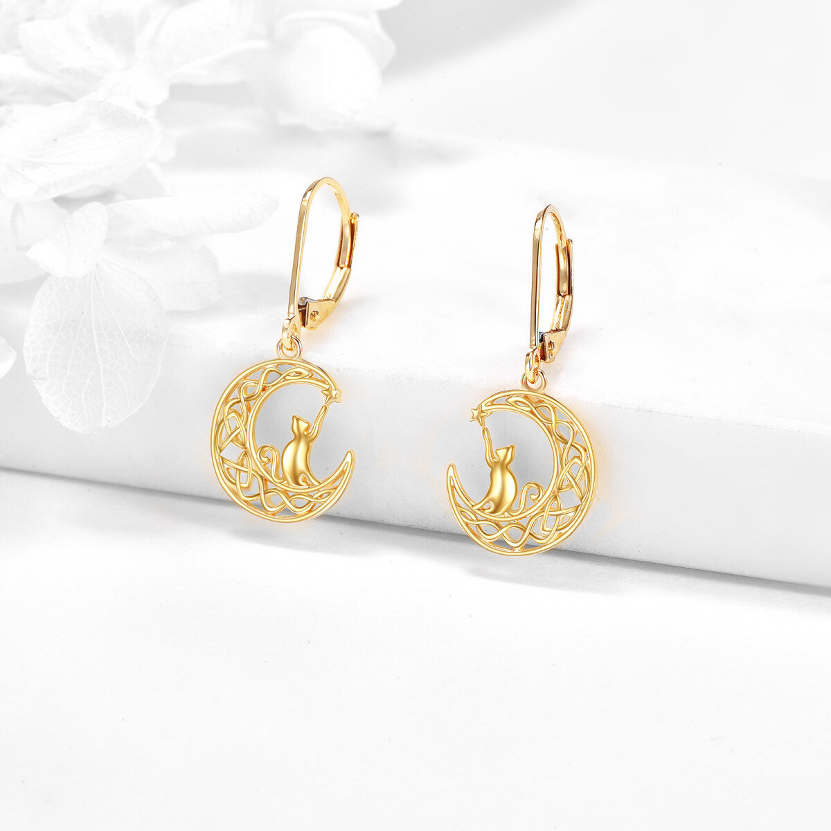 10K Gold Cat & Moon Drop Earrings-4