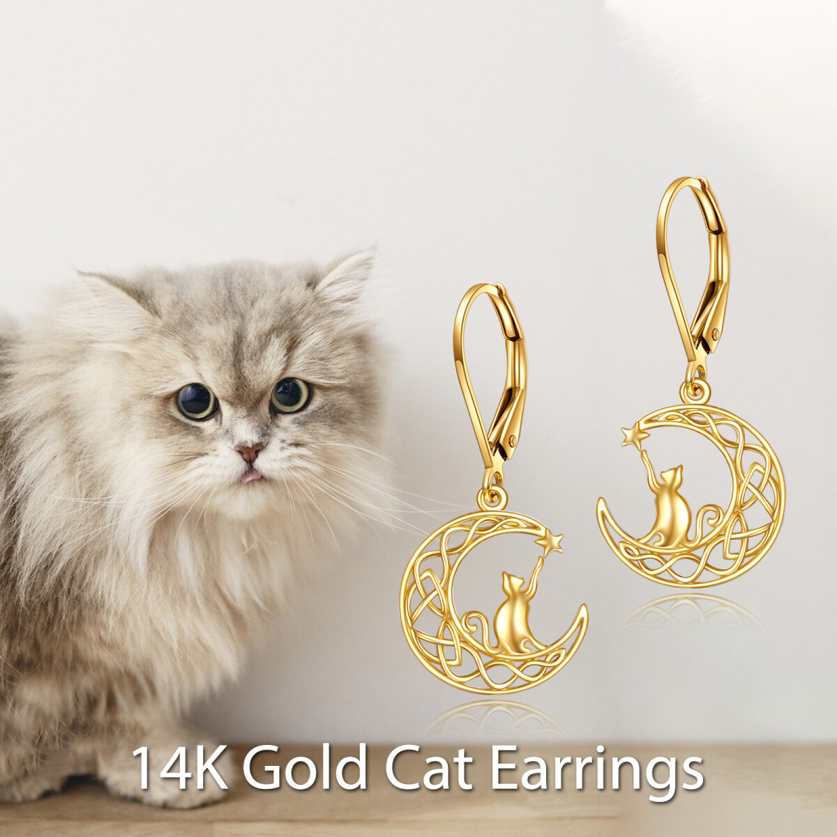 10K Gold Cat & Moon Drop Earrings-5