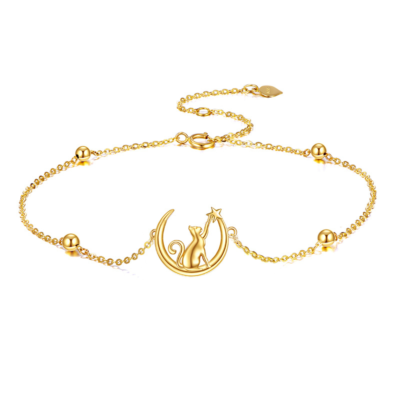 10K Gold Cat & Moon Charm Bracelet-1