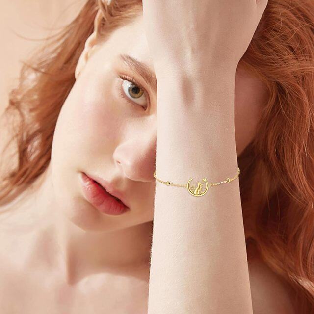 Bracciale con ciondolo a forma di luna e gatto in oro 14K-2