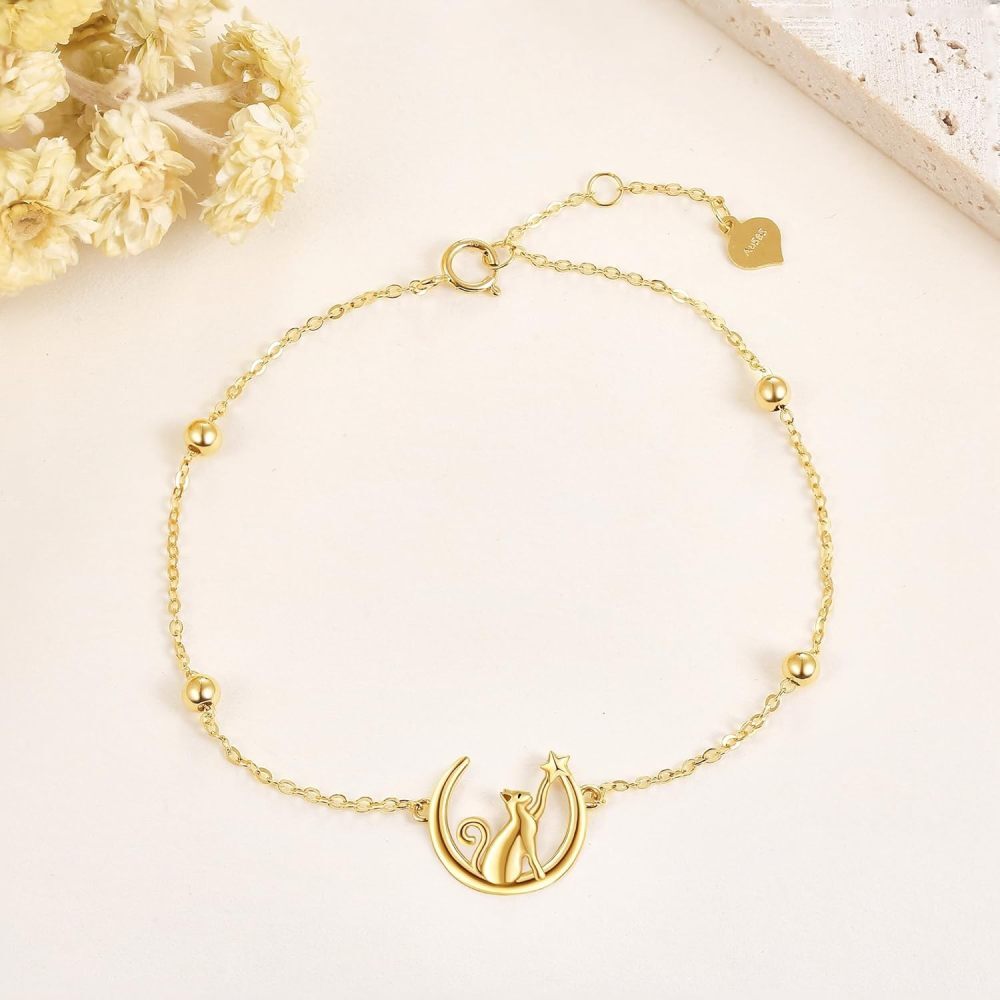 10K Gold Cat & Moon Charm Bracelet-3