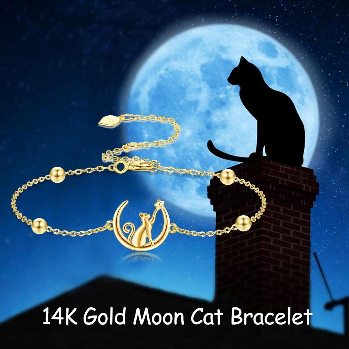 Bracelet pendentif chat lune en or 14 carats-5