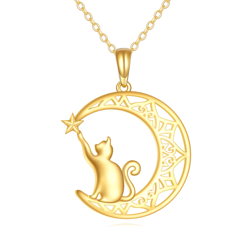 Collar colgante de gato y luna en oro de 14 quilates-1