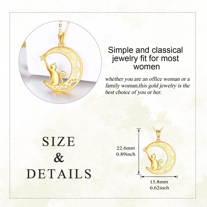 Collar colgante de gato y luna en oro de 14 quilates-4