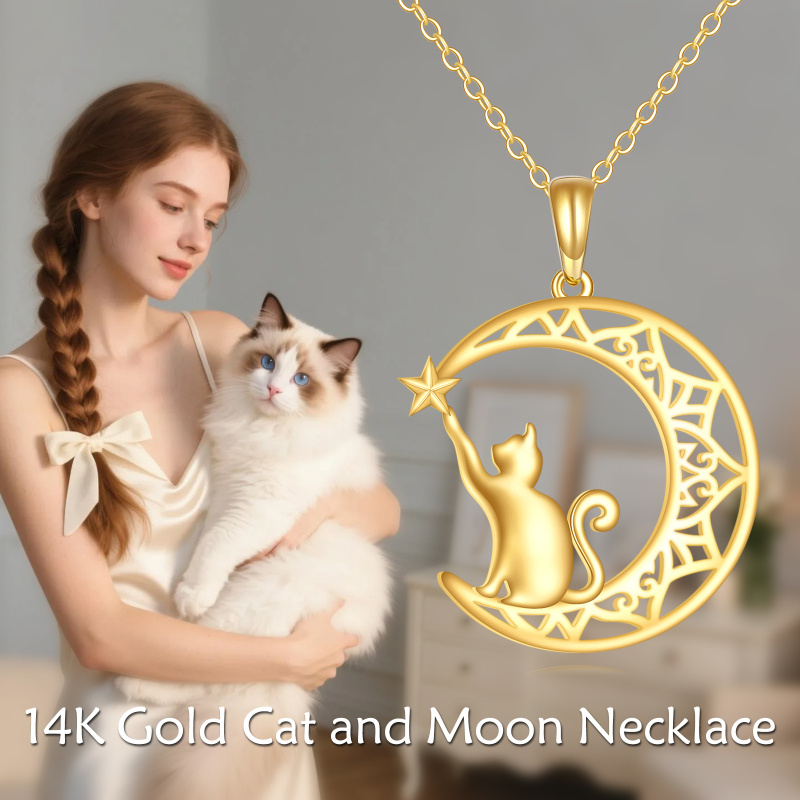 Collar colgante de gato y luna en oro de 14 quilates-5