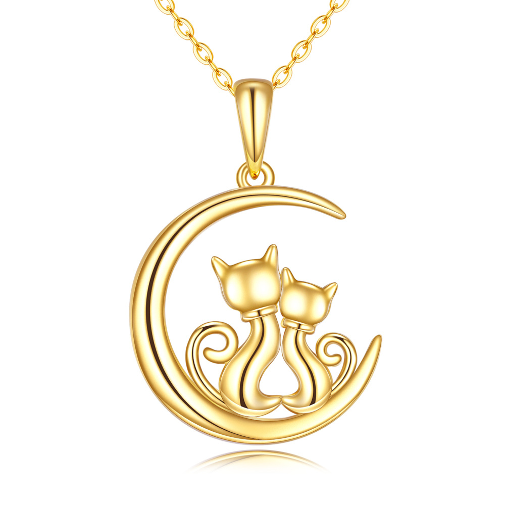 10K Gold Cat & Moon Pendant Necklace-1