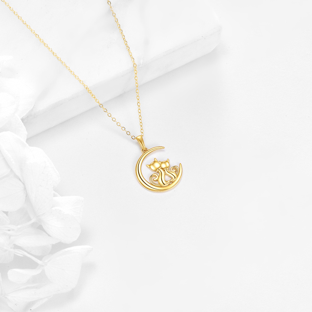 10K Gold Cat & Moon Pendant Necklace-3