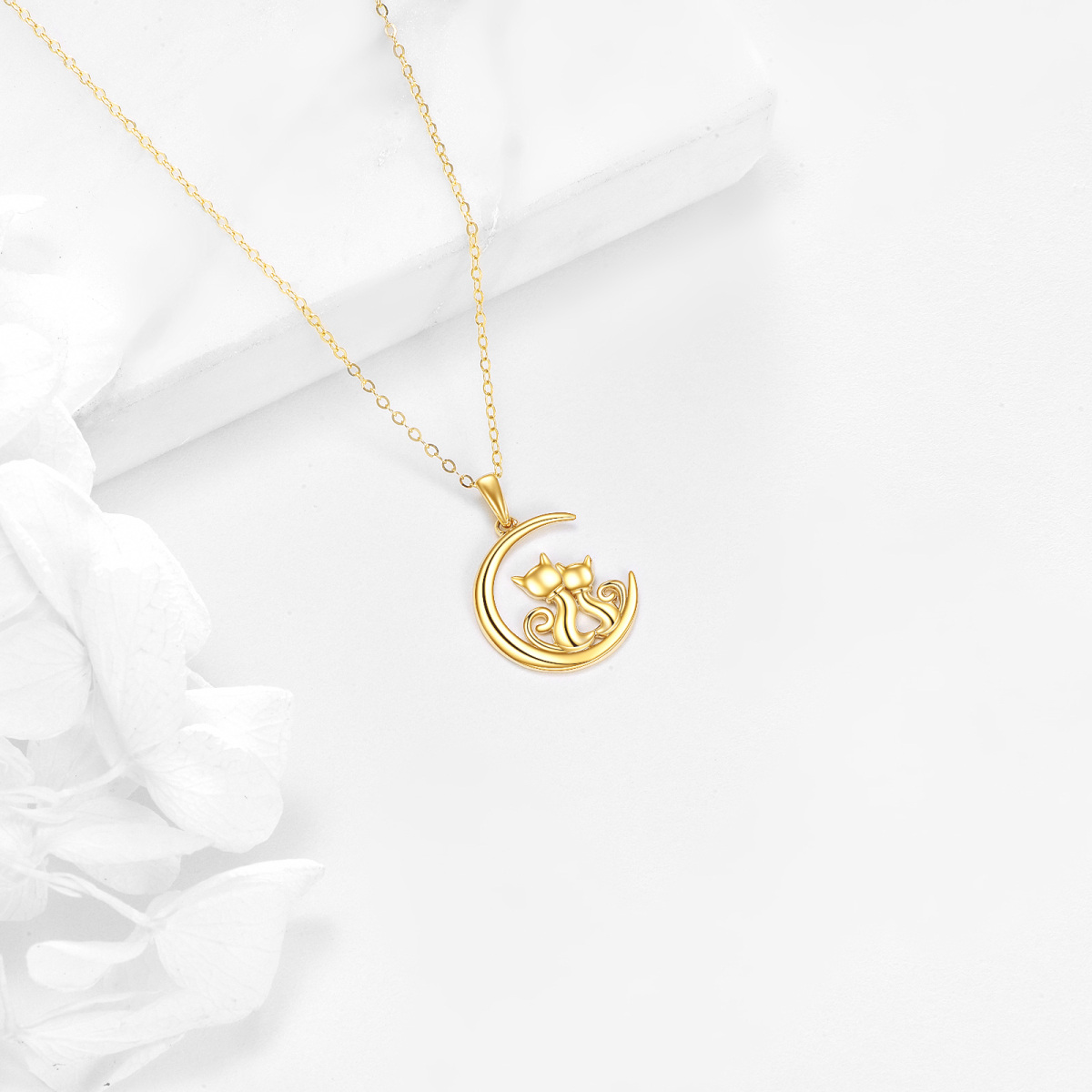 Collana con ciondolo Gatto e Luna in oro 14K-3