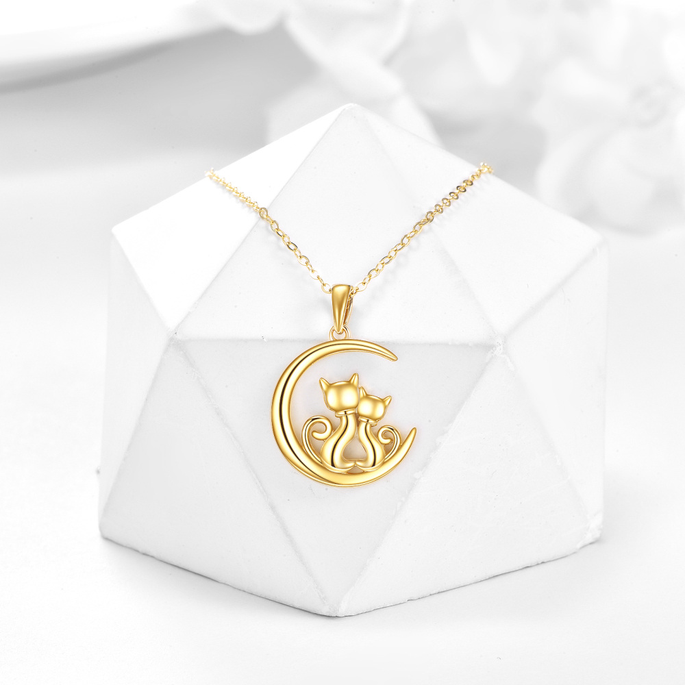 10K Gold Cat & Moon Pendant Necklace-4