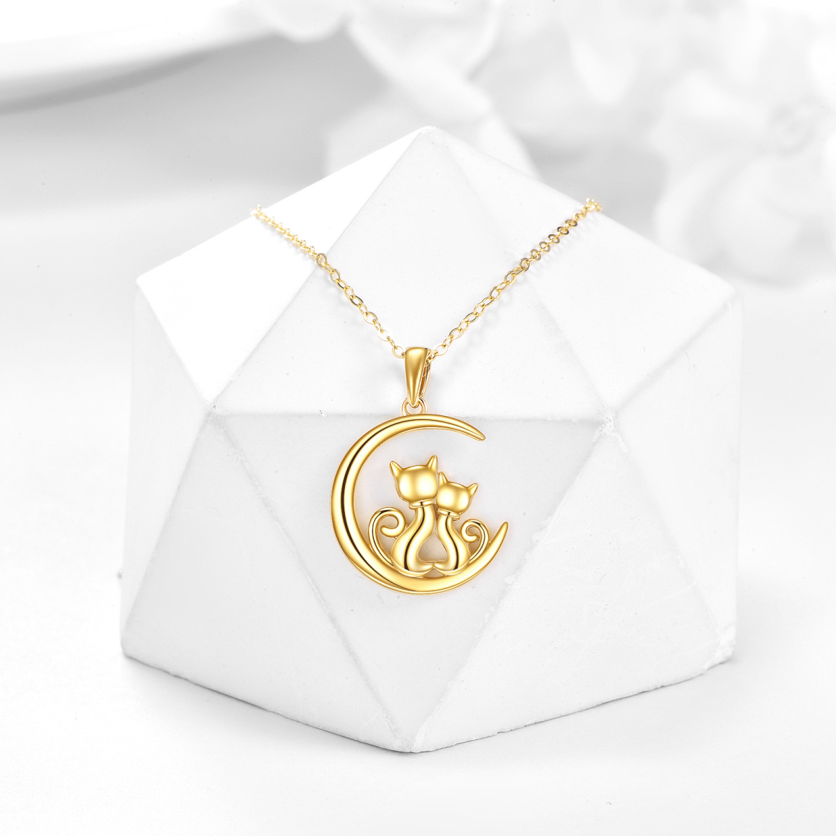 14K Gold Cat & Moon Pendant Necklace-4