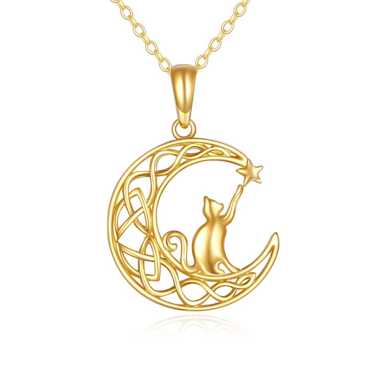 10K Gold Cat & Moon Pendant Necklace-1