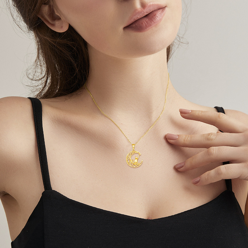 10K White Gold Cat & Moon Pendant Necklace-2