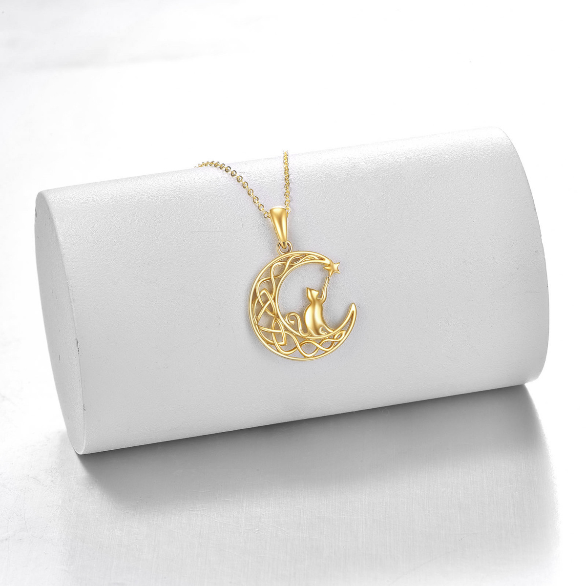 10K Gold Cat & Moon Pendant Necklace-3