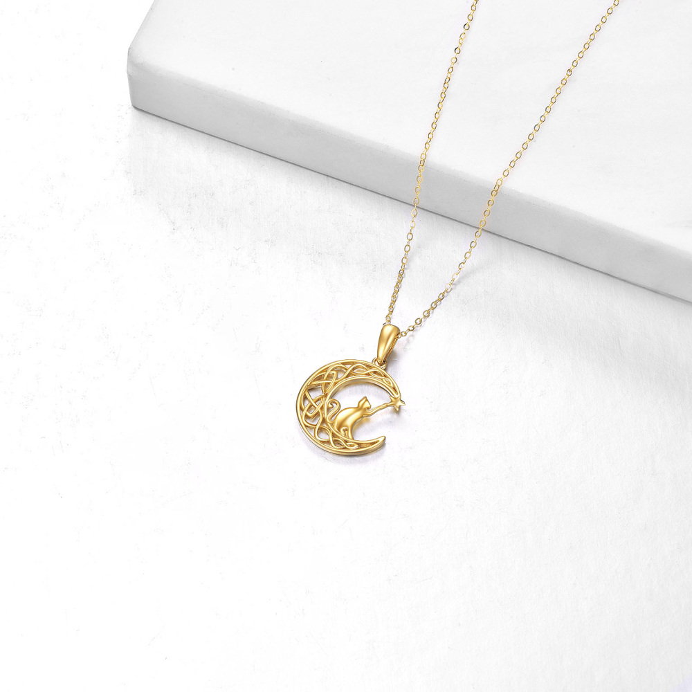 10K Gold Cat & Moon Pendant Necklace-4