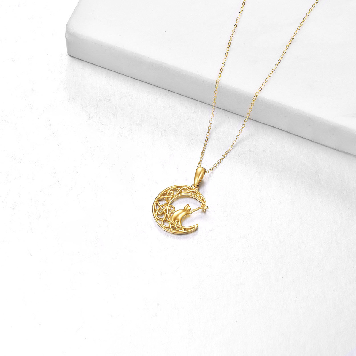 10K Gold Cat & Moon Pendant Necklace-4