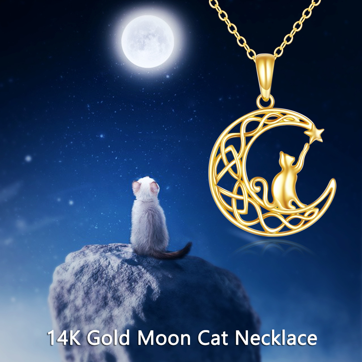 10K Gold Cat & Moon Pendant Necklace-5