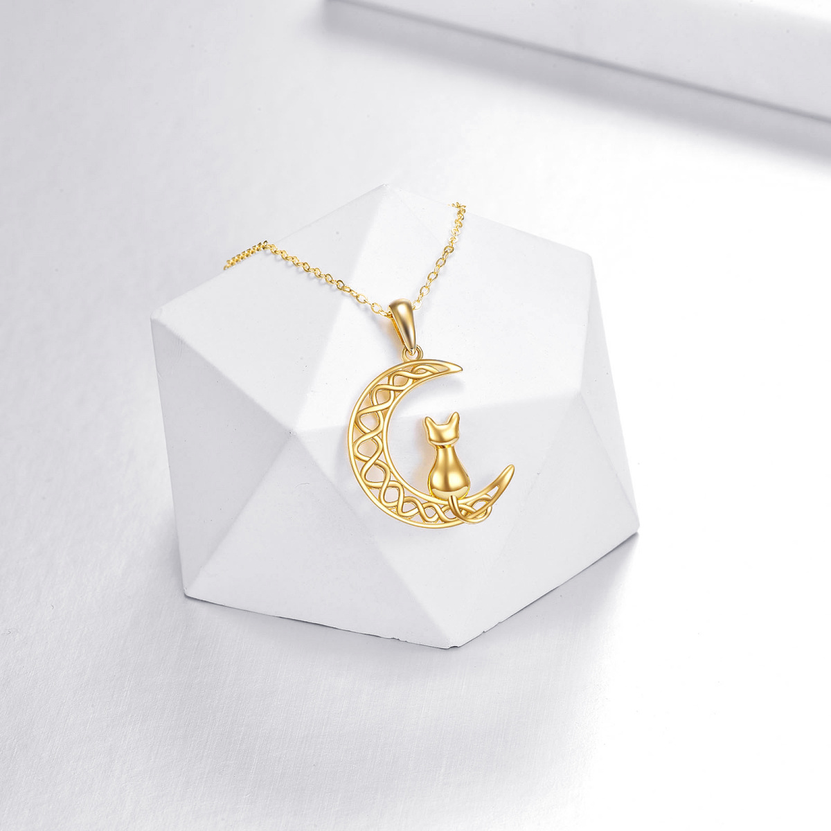 10K Gold Cat & Moon Pendant Necklace-3