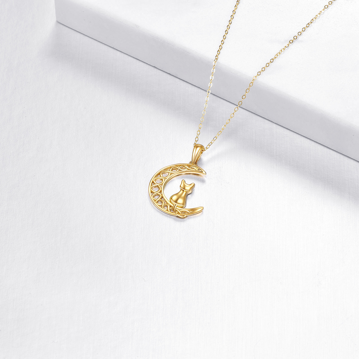 10K Gold Cat & Moon Pendant Necklace-4