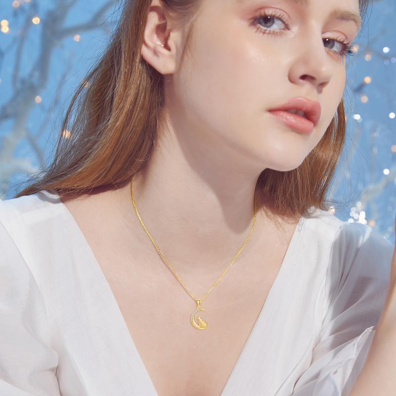 Collar con colgante de gato y luna de circonita cúbica de oro de 14 quilates para mujer mamá-2