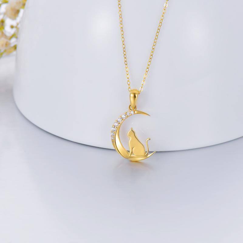 10K Gold Cubic Zirconia Cat & Moon Pendant Necklace For Women Mom-3