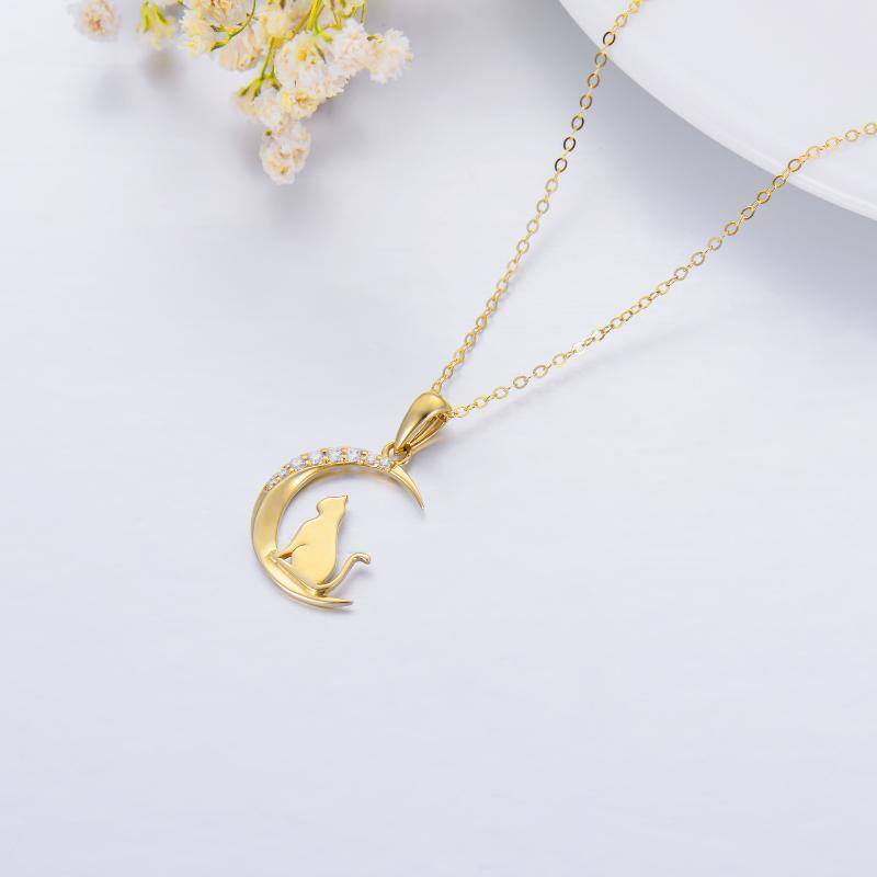 10K Gold Cubic Zirconia Cat & Moon Pendant Necklace For Women Mom-4