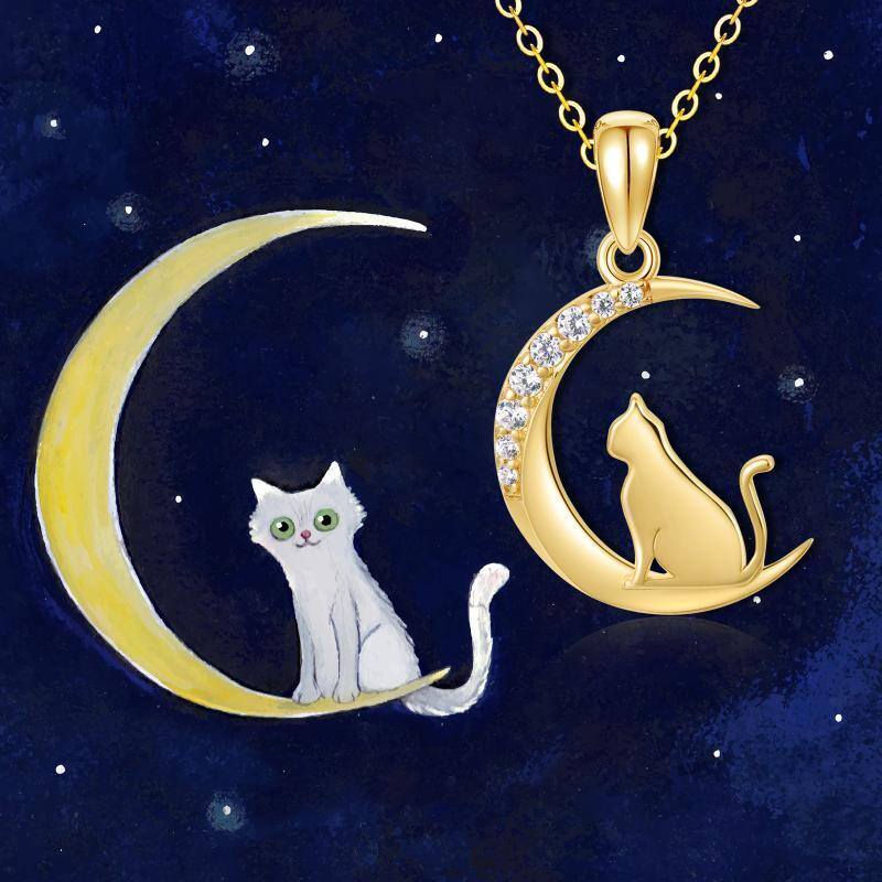 10K Gold Cubic Zirconia Cat & Moon Pendant Necklace For Women Mom-5