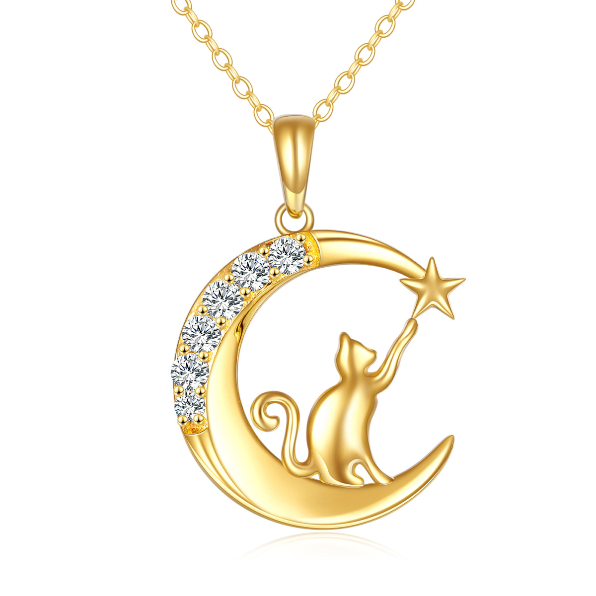 10K Gold Cubic Zirconia Cat Moon Star Pendant Necklace-1