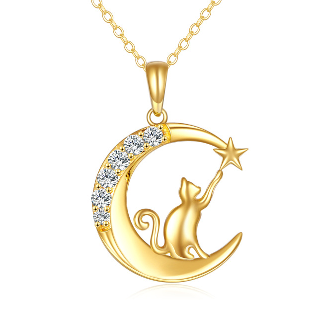 Collier en or 14K avec pendentif en zircon cubique en forme de chat. de lune et d'étoile