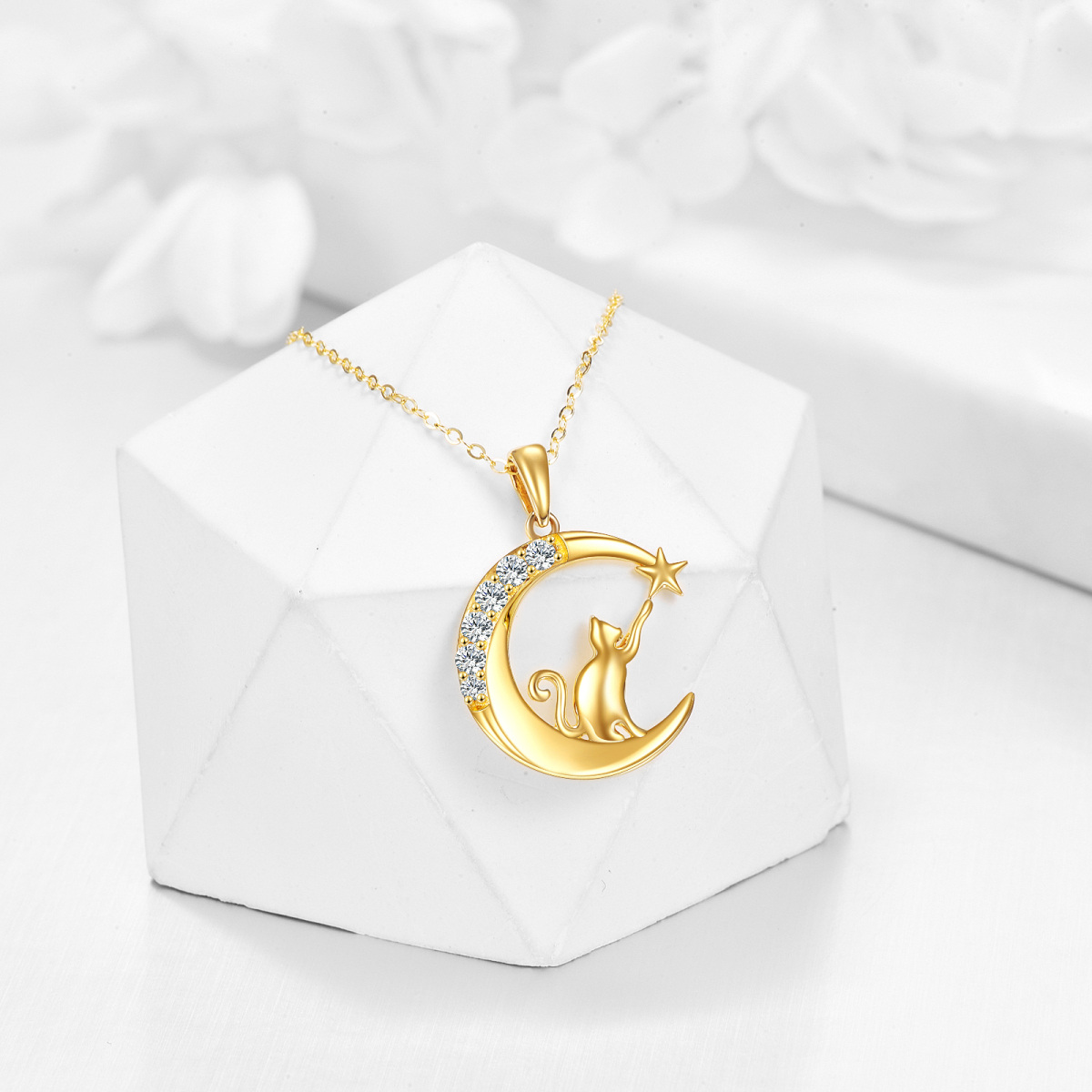 10K Gold Cubic Zirconia Cat Moon Star Pendant Necklace-3