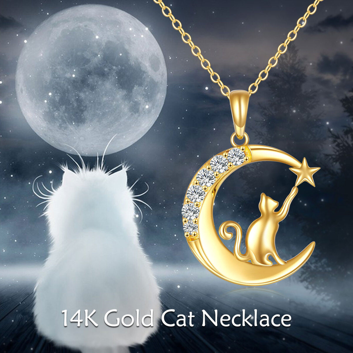 14K Oro Cúbico Zirconia Cat Moon Star Collar Colgante-5