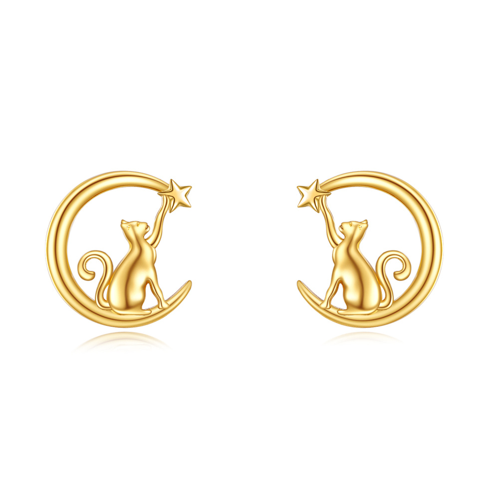 10K Gold Cat & Moon & Star Stud Earrings-1