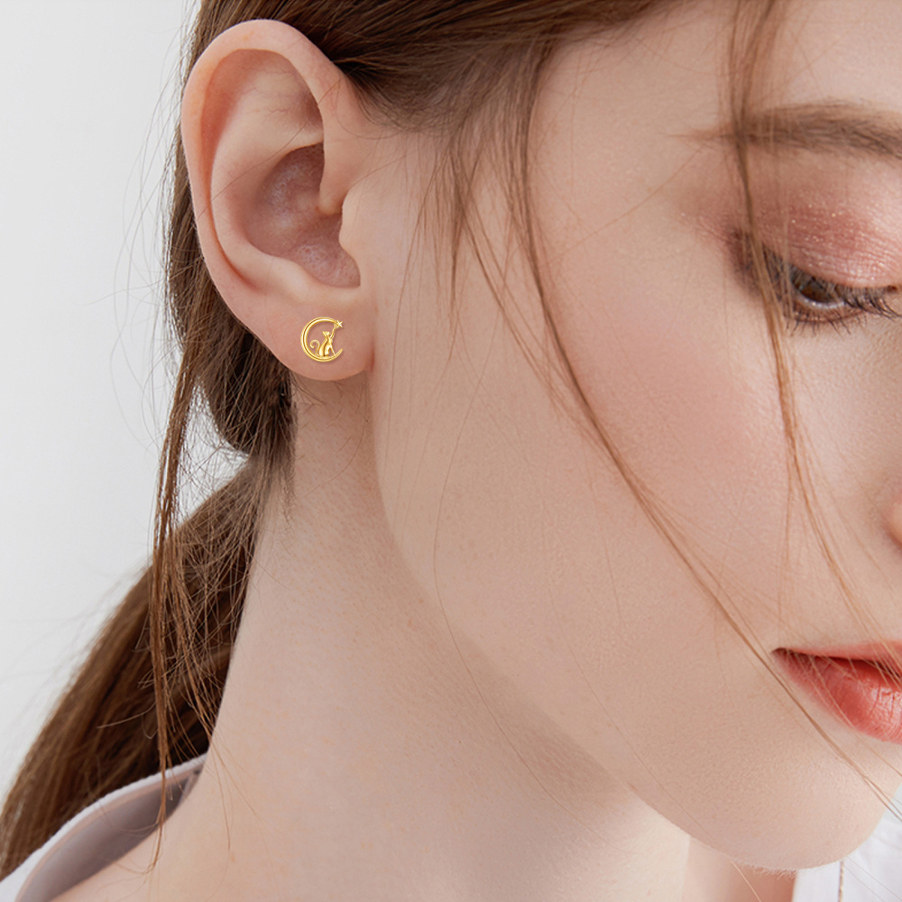 10K Gold Cat & Moon & Star Stud Earrings-2