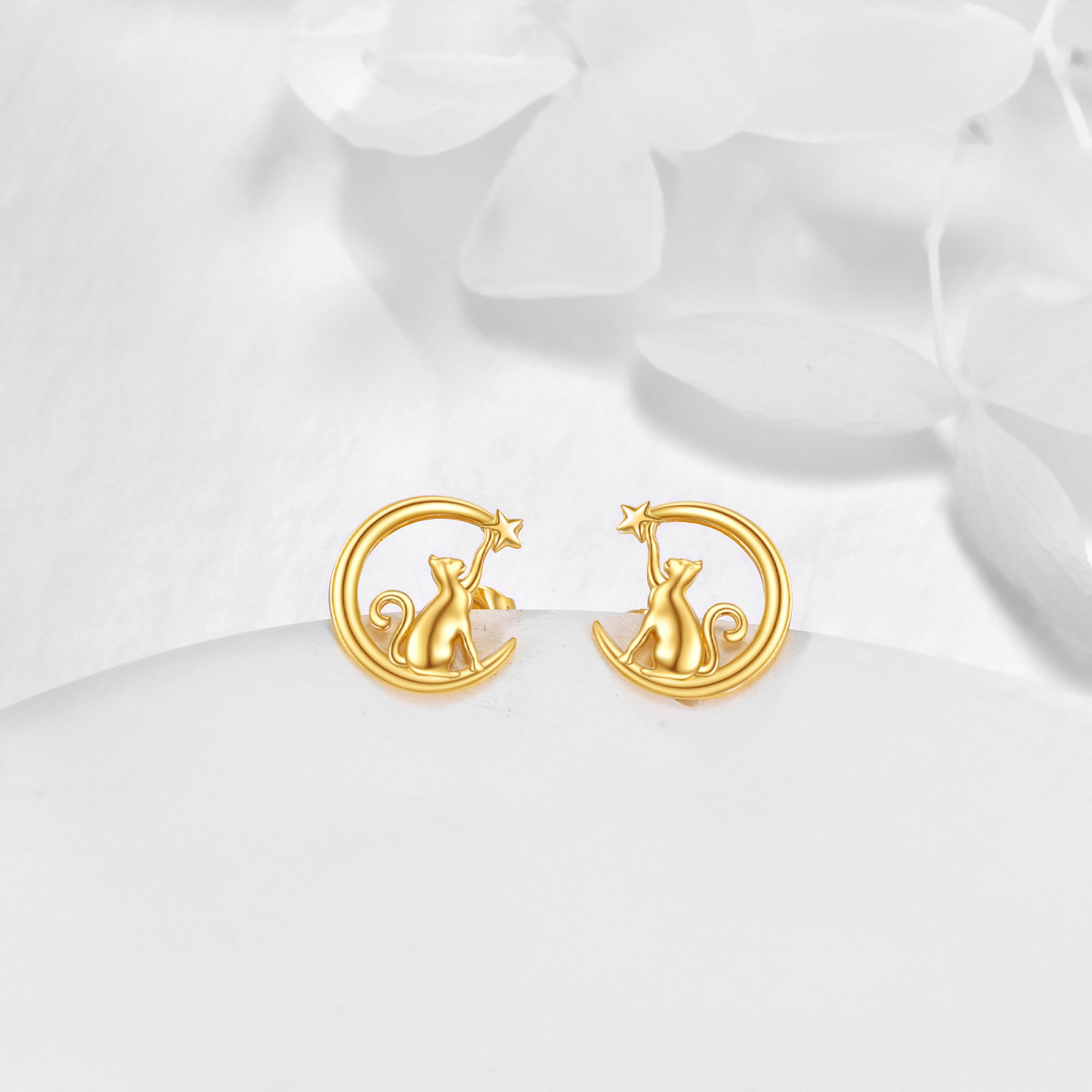 14K Gold Cat & Moon & Star Stud Earrings-3