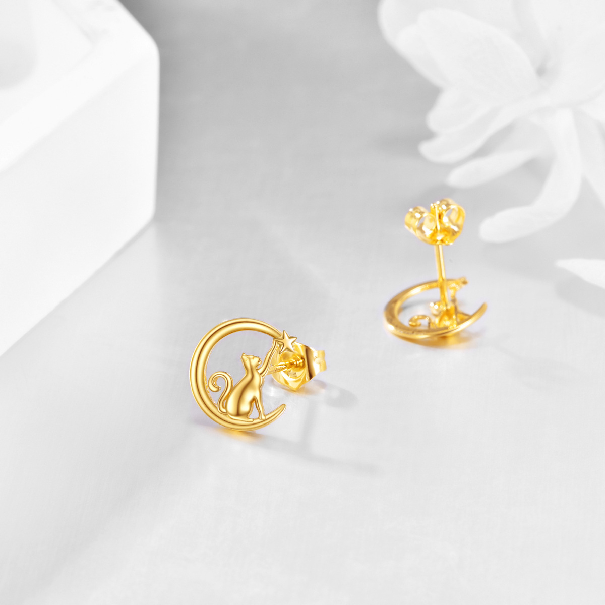 14K Gold Cat & Moon & Star Stud Earrings-4