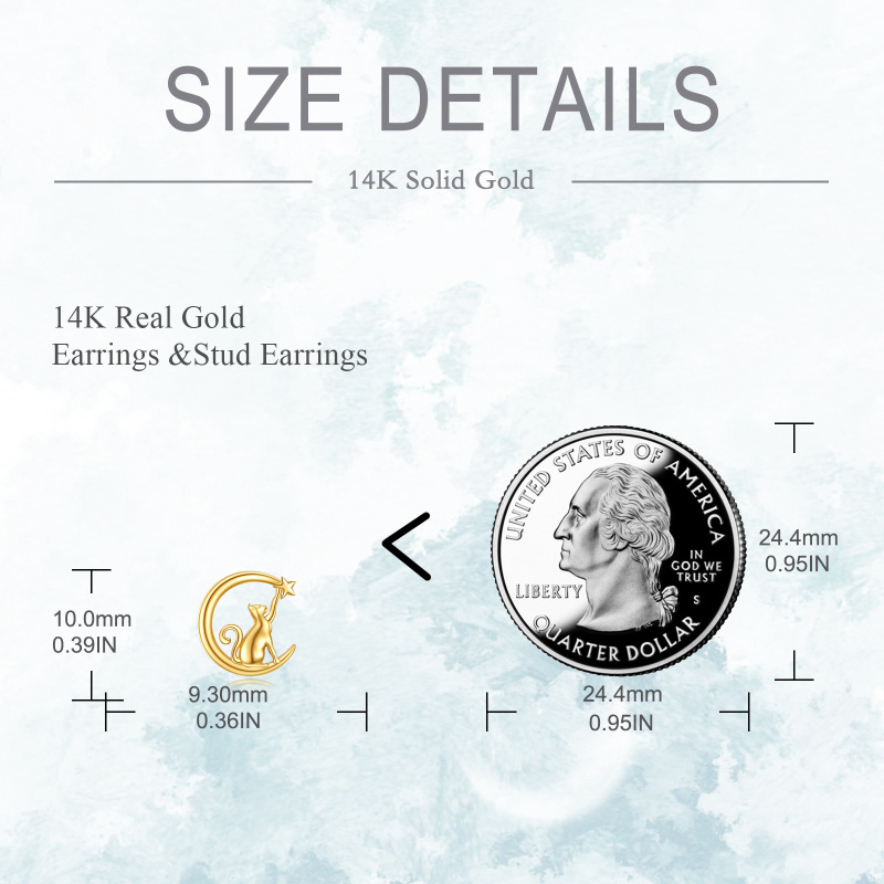 Brincos em ouro branco 10K com desenho de gato, lua e estrela.-5