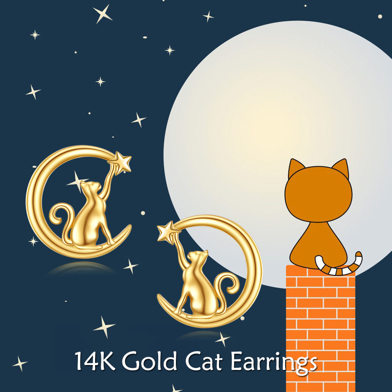 Brincos em ouro branco 10K com desenho de gato, lua e estrela.-6