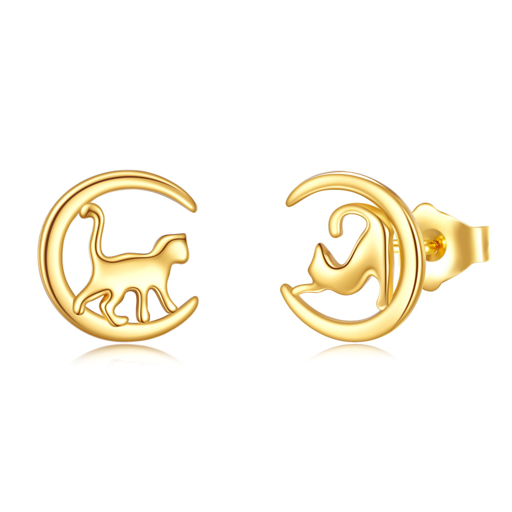 10K Gold Cat & Moon Stud Earrings-1