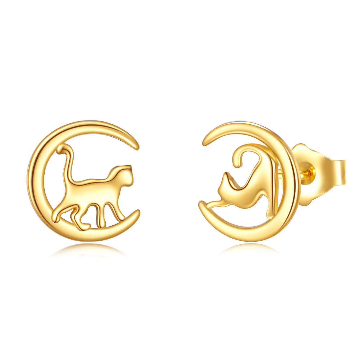 10K Gold Cat & Moon Stud Earrings-1