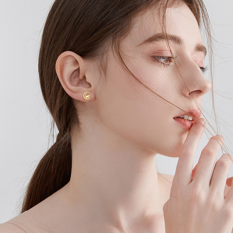 10K White Gold Cat & Moon Stud Earrings-2