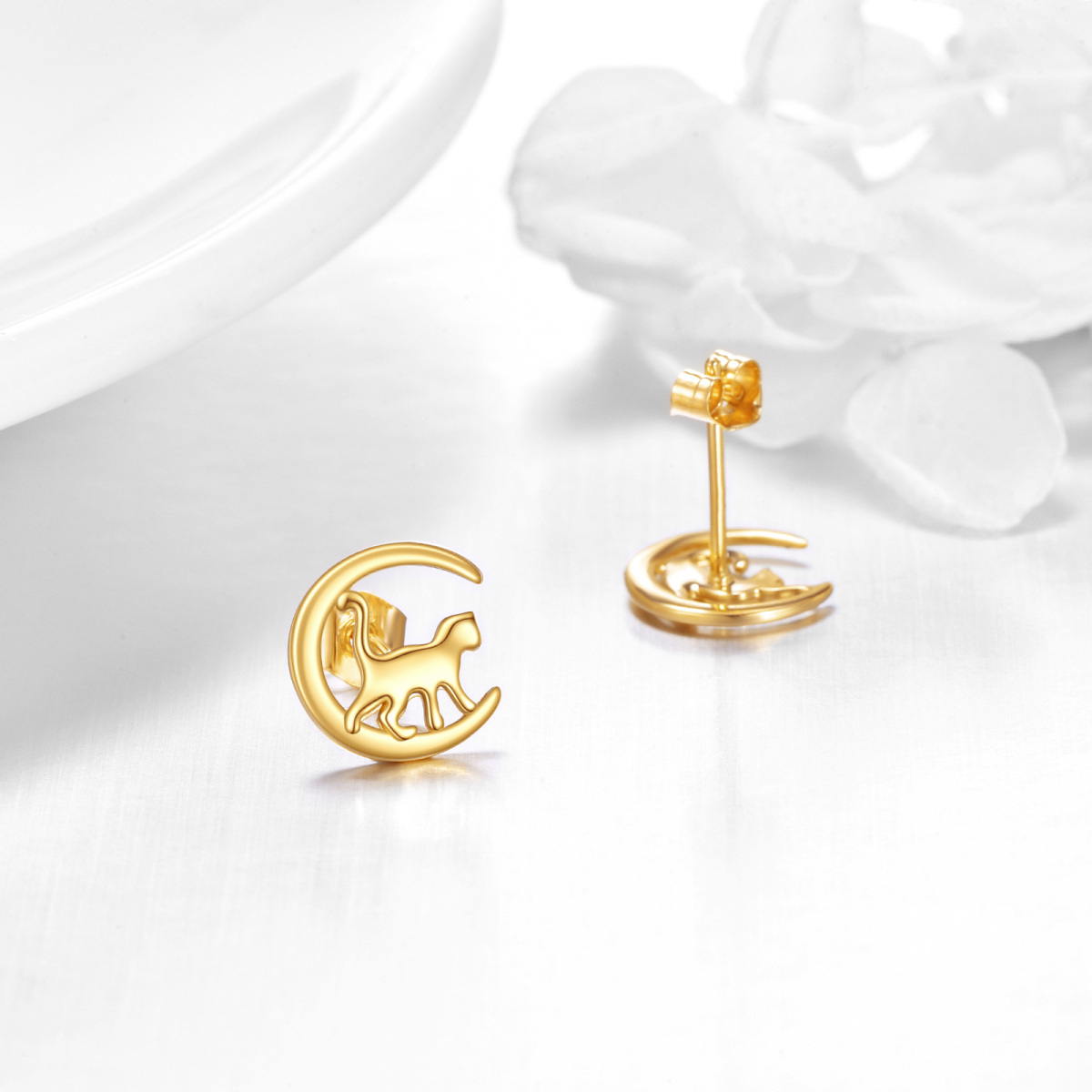 10K Gold Cat & Moon Stud Earrings-3