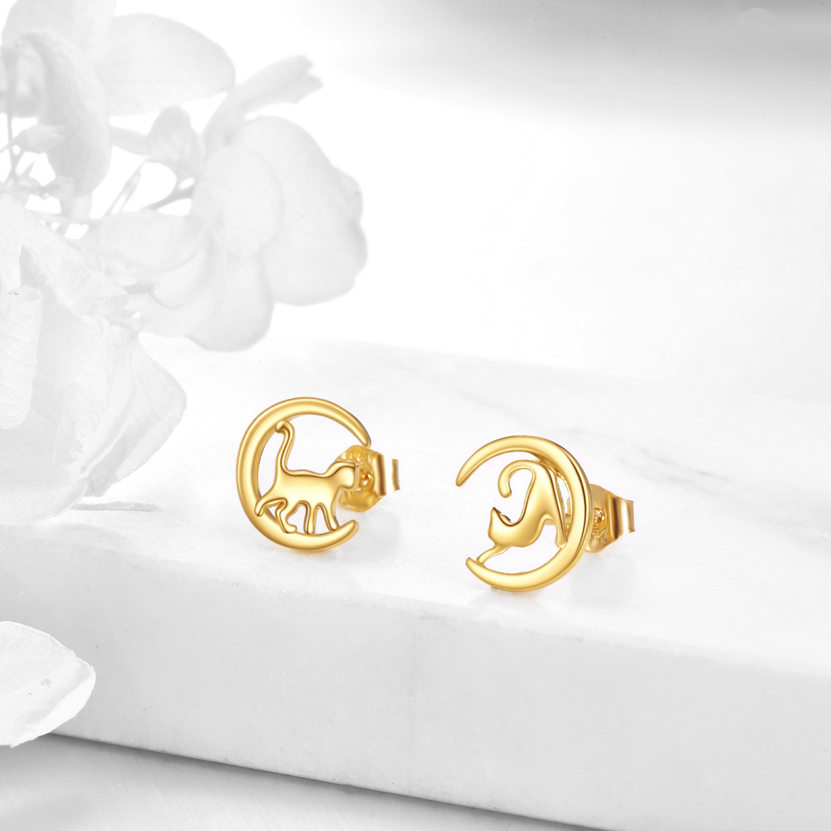 10K Gold Cat & Moon Stud Earrings-4