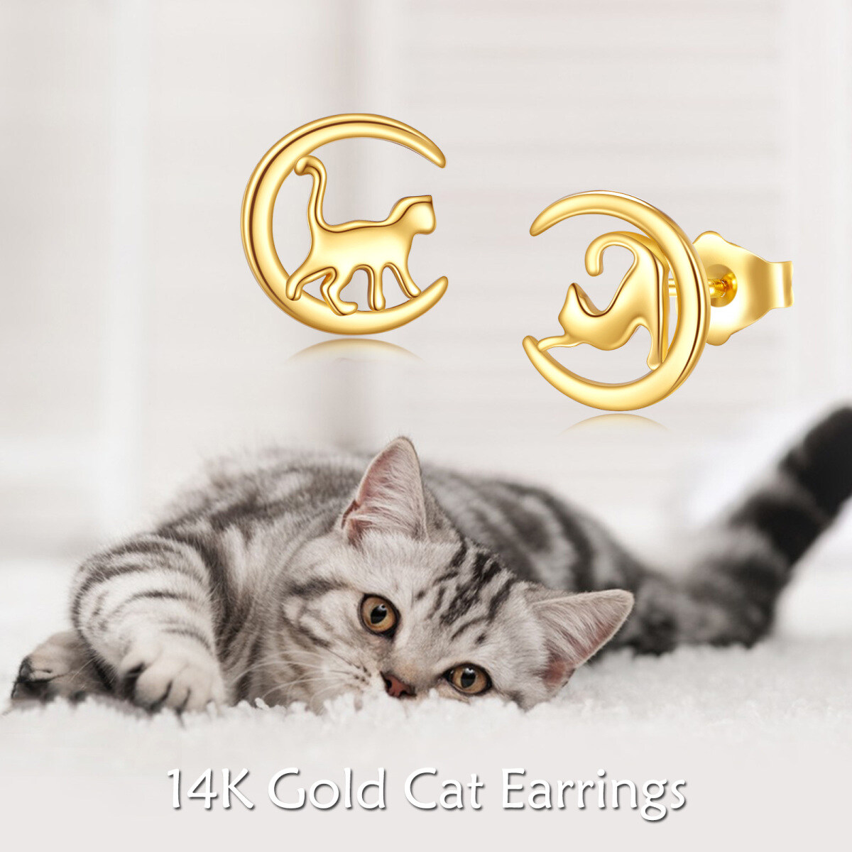 10K Gold Cat & Moon Stud Earrings-5